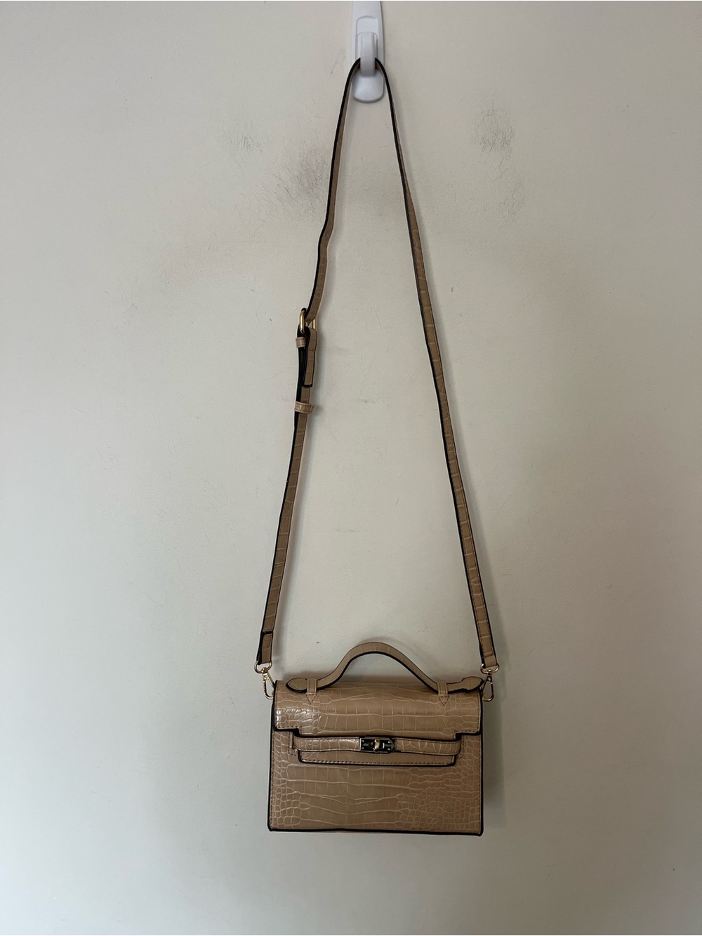 Taupe Croc Embossed Top Handle Crossbody Satchel Bag - Picture 3 of 14
